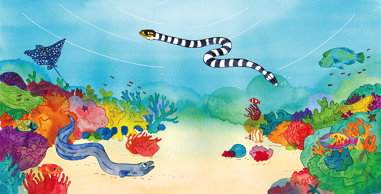 A watercolour illustration of an eel and a sea snake in a colourful coral reef