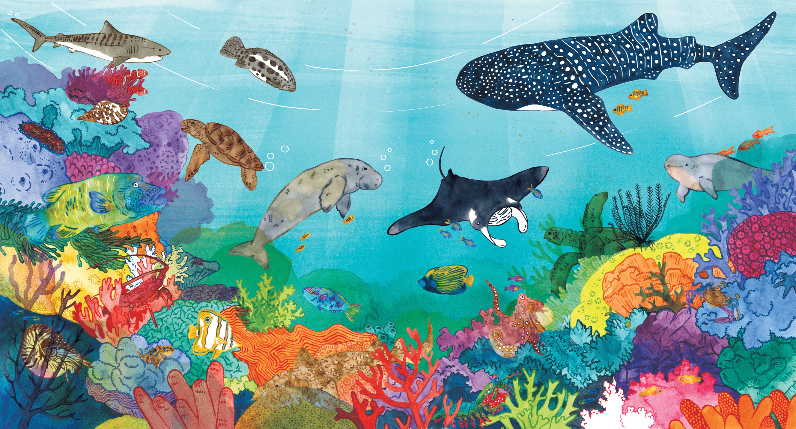 A colourful watercolour illustration of the Great Barrier Reef