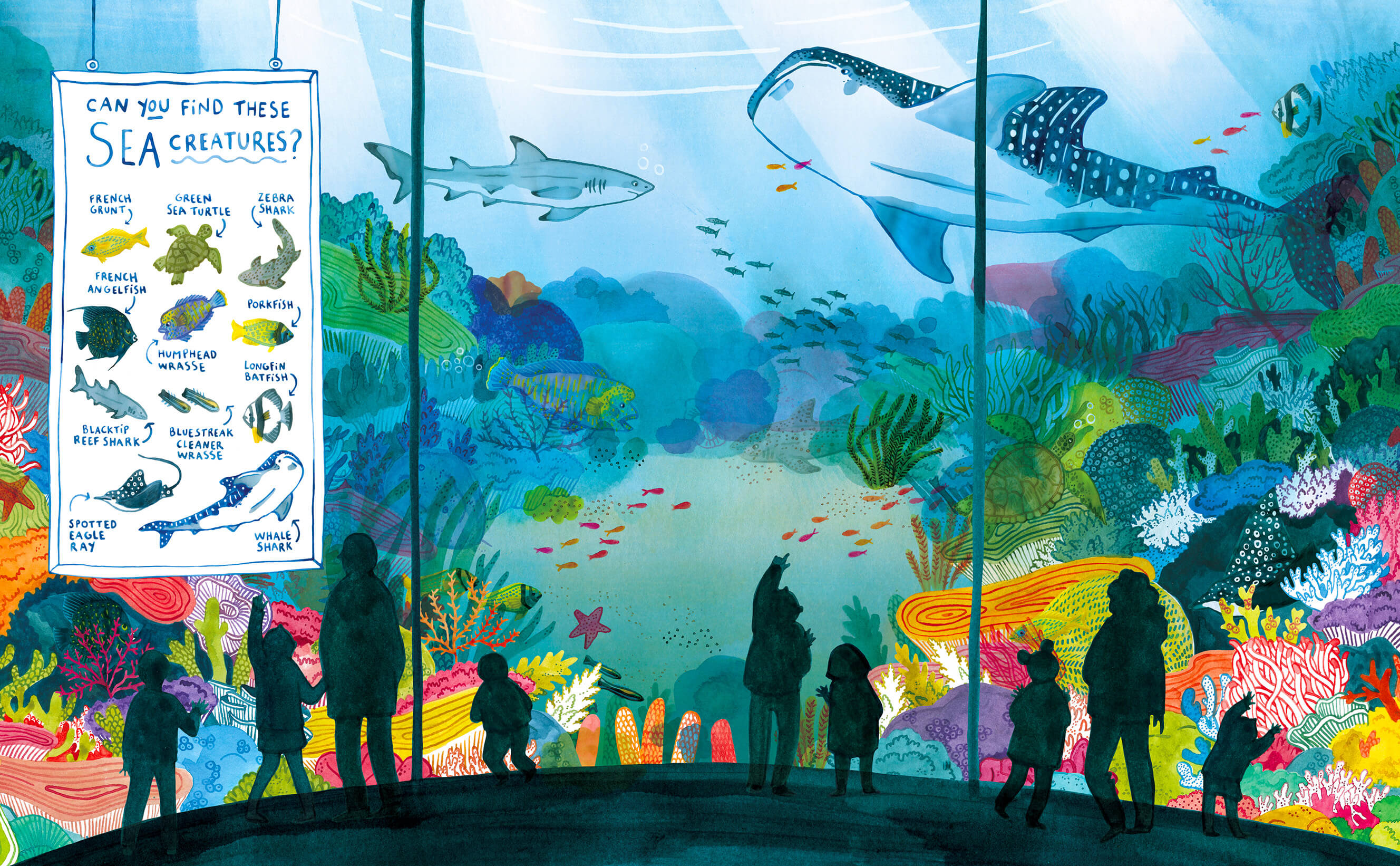 Illustration éditoriale d'un immense aquarium