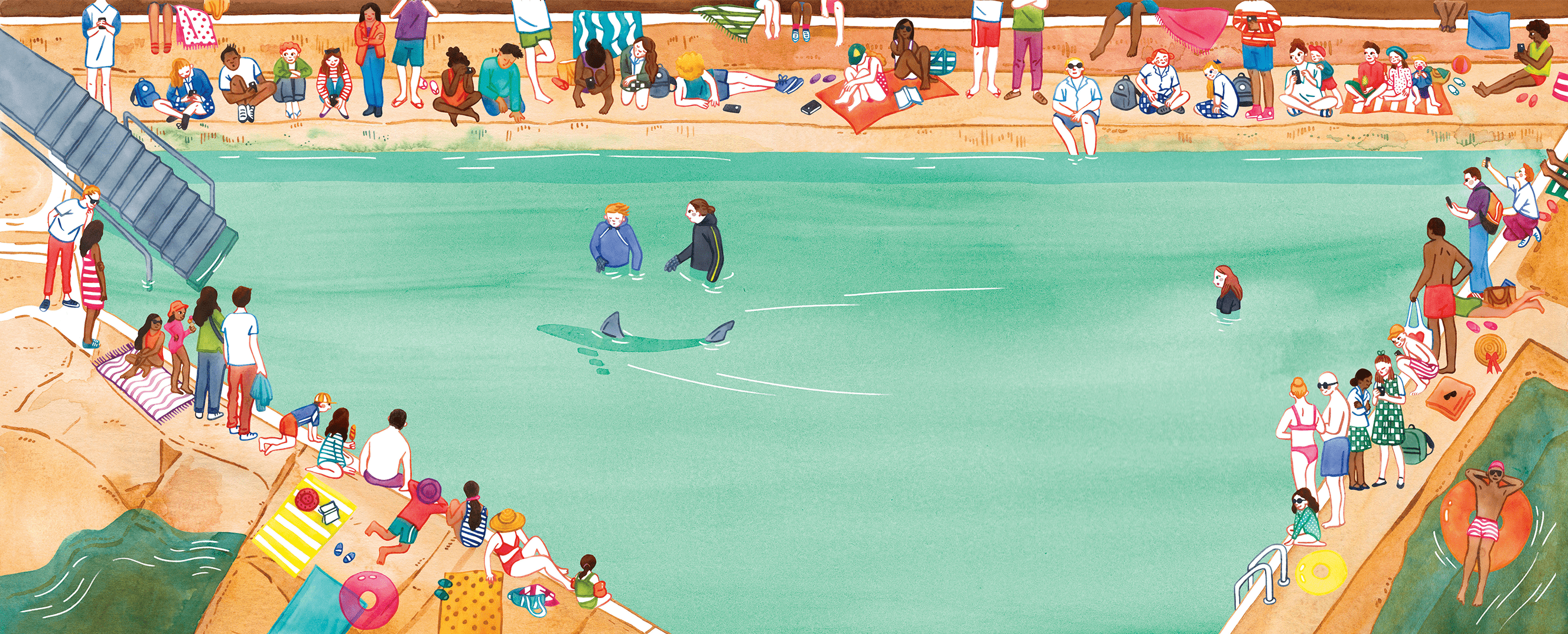 Un grand requin blanc nageant dans une piscine extérieure entourée de visiteurs curieux