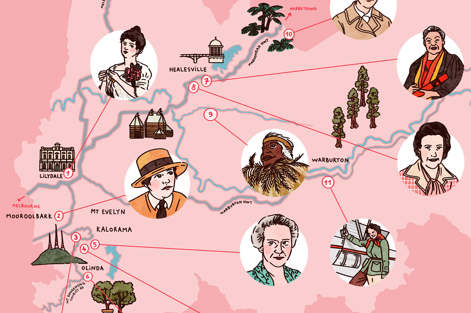 Close-up on a pink map showing portraits of some of the Yarra Ranges most remarkable women