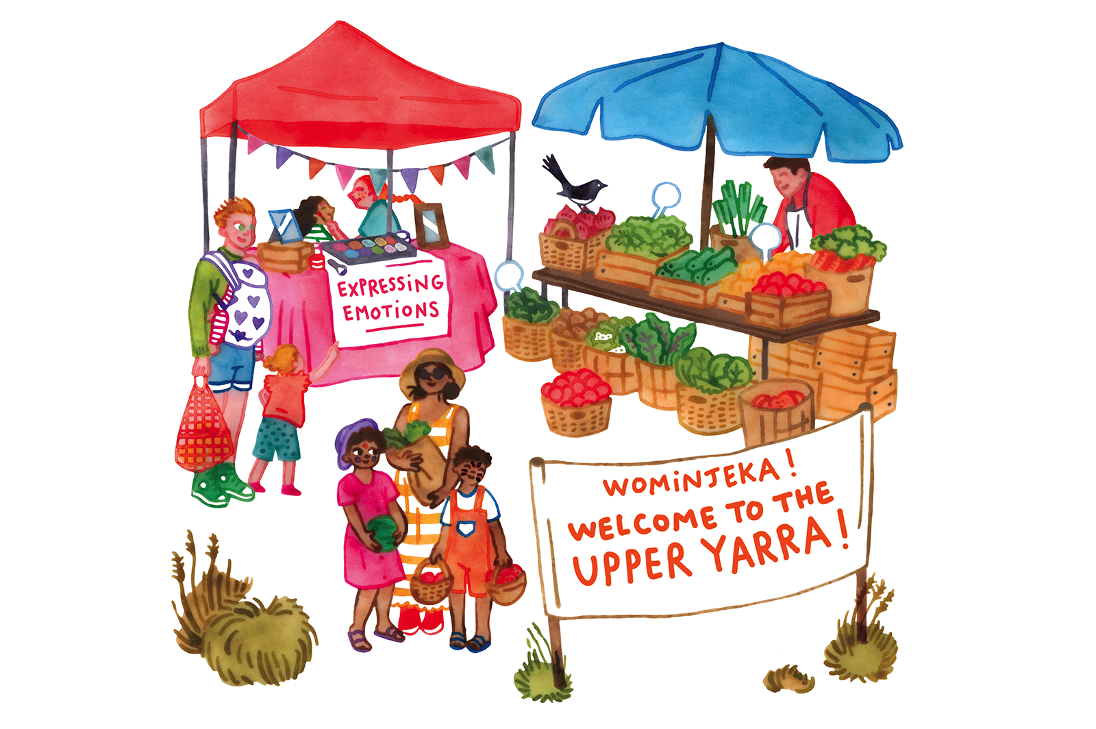 A colourful illustration of a lively market, with a banner saying "wominjeka, Welcome to the Upper Yarra"