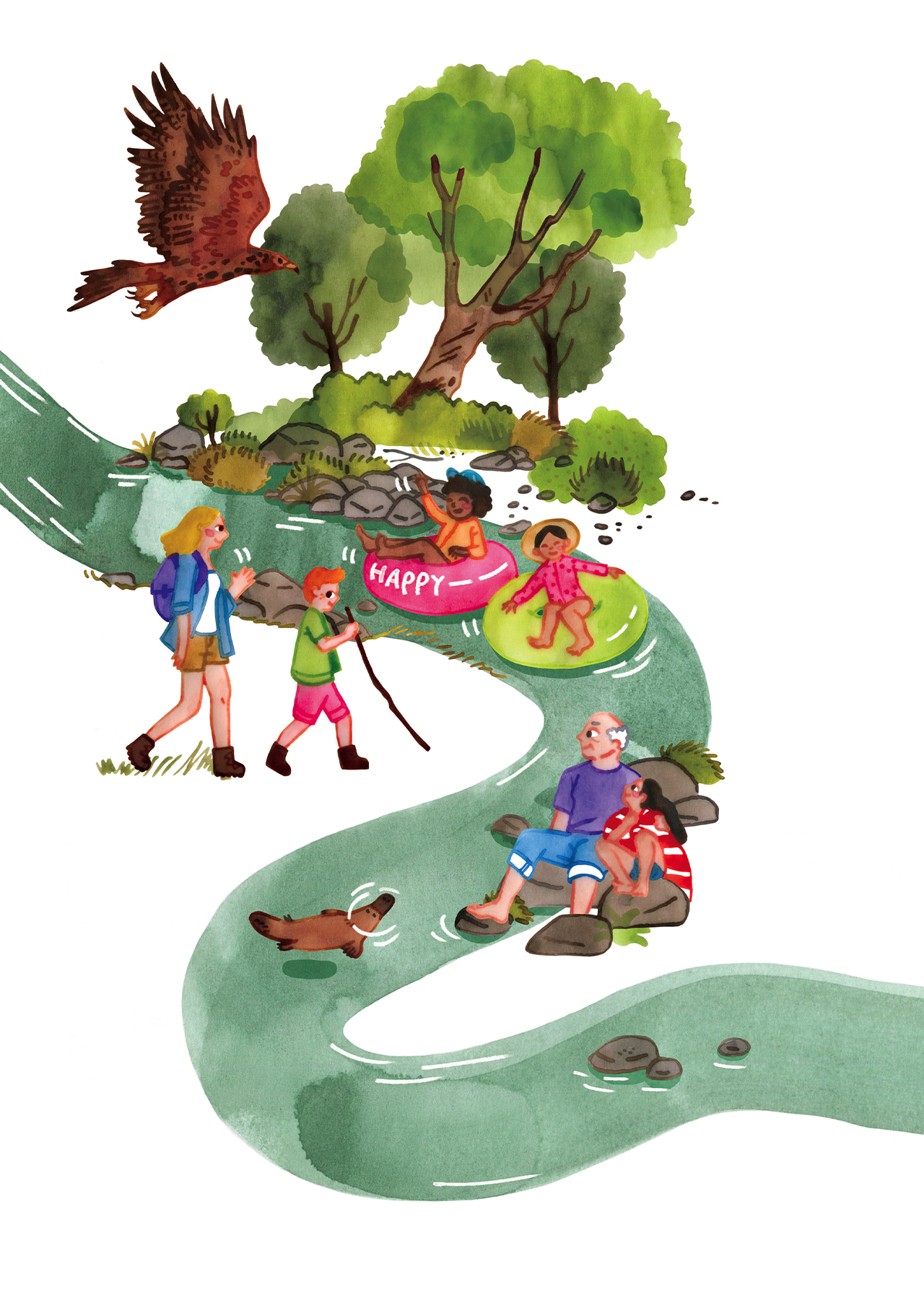 A colourful illustration of people enjoying nature