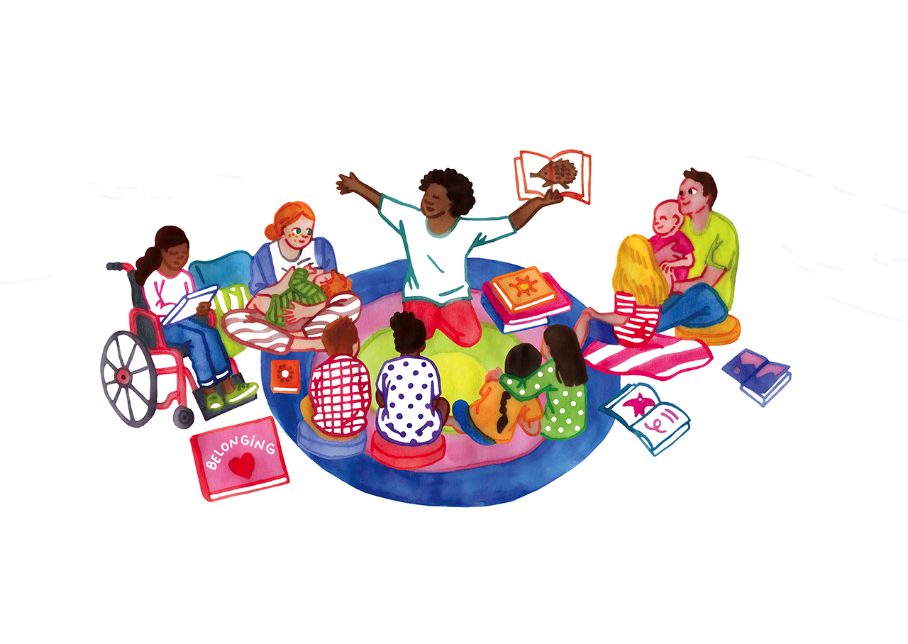 A colourful illustration of storytime at the library