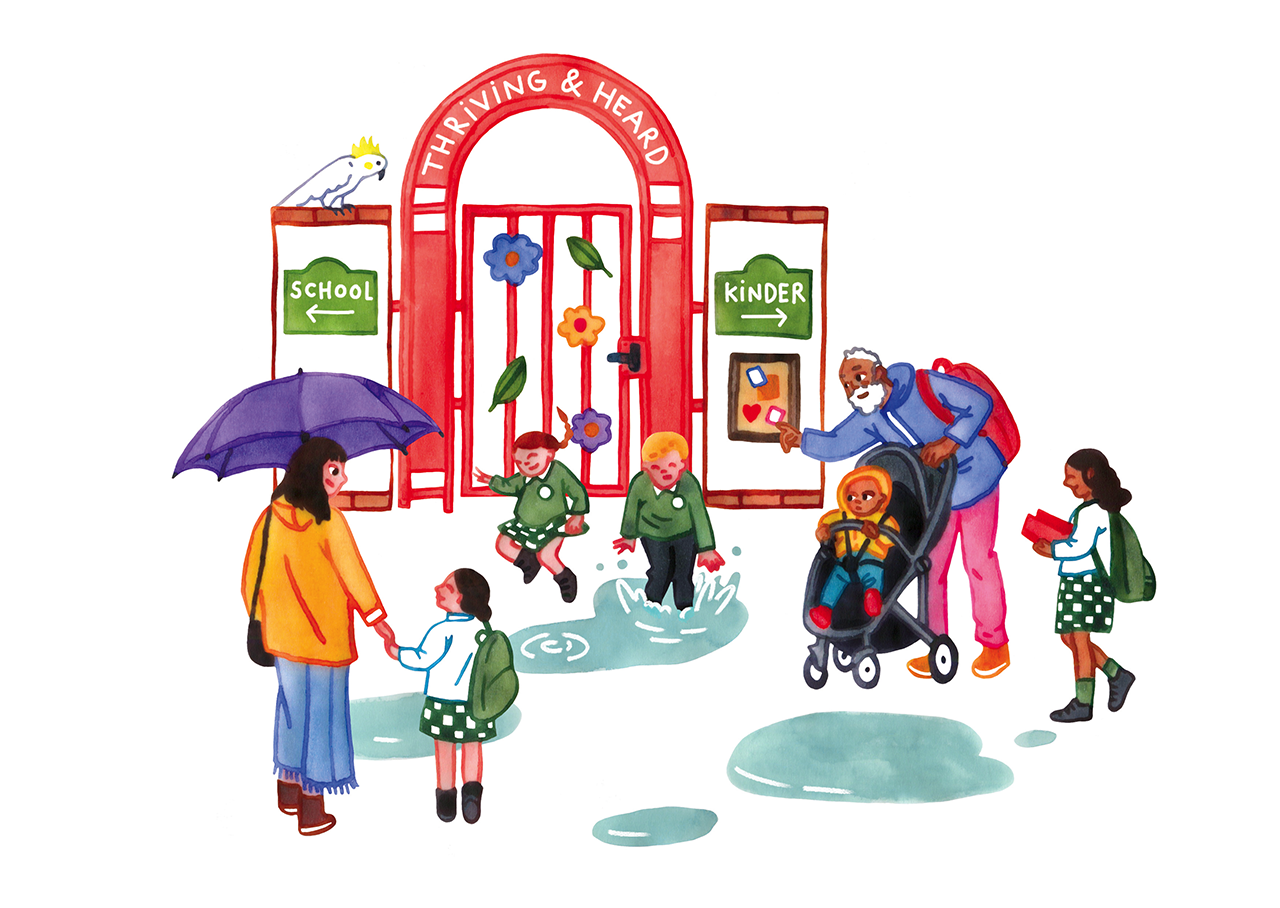 A colourful illustration of children at the school gates