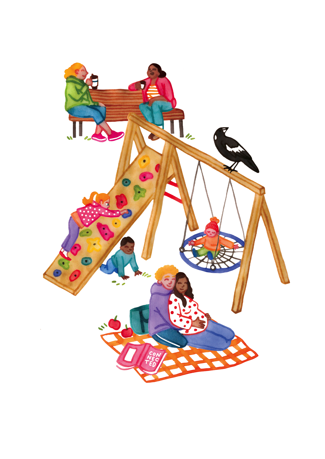 A colourful illustration of families at the playground