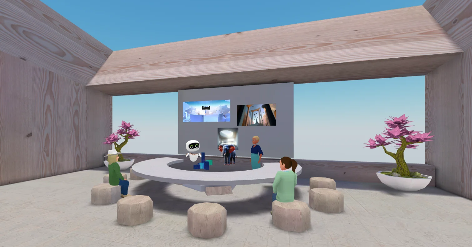 A virtual trade show taking place in Frame, with avatars and 3D and 2D assets scattered a virtual space in the metaverse.