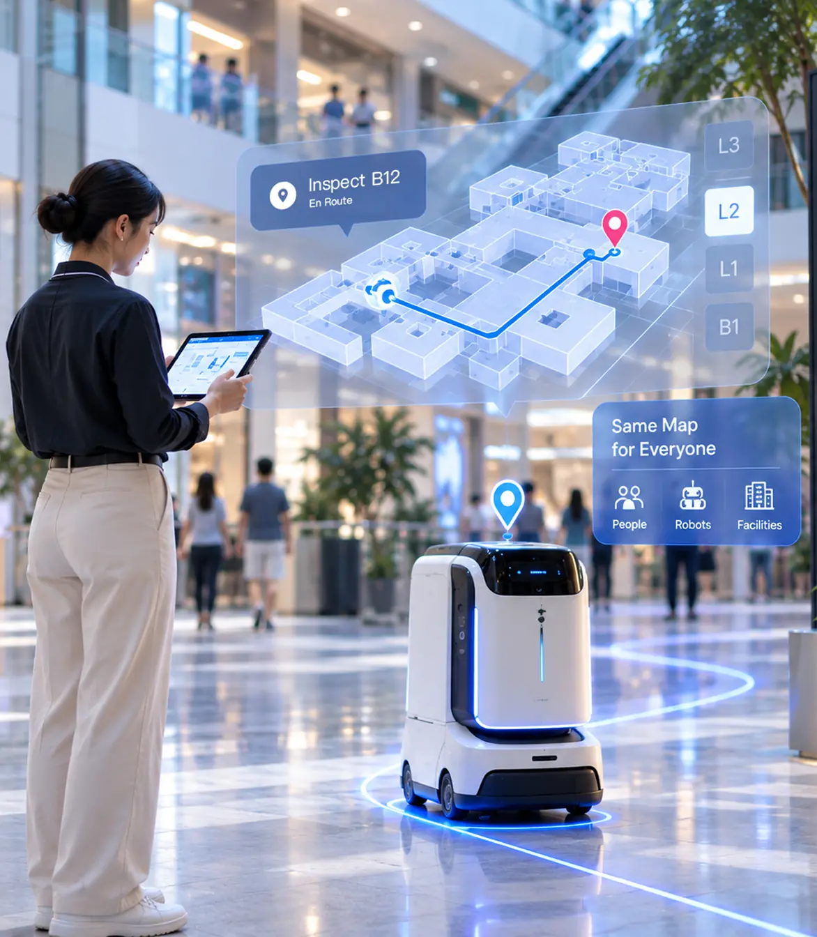 Indoor navigation map shared by a facility staff member and service robot in a public building