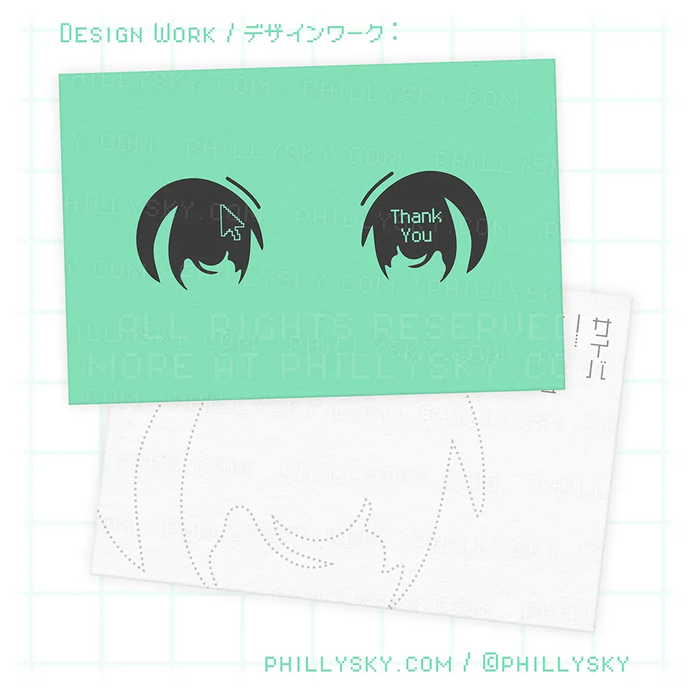 Green card with stylized black eyes, one with a cursor icon and the other with the text 'Thank You'. It is a kawaii postcard.