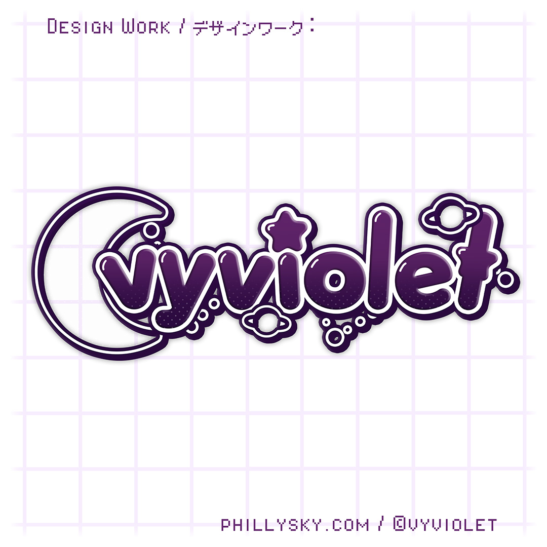 VTuber logo design featuring the cosplayer and Twitch streamer 'vyviolet' in kawaii purple letters with planets, stars, and moon graphics. Inspired by Hololive, Nijisanji, and more.