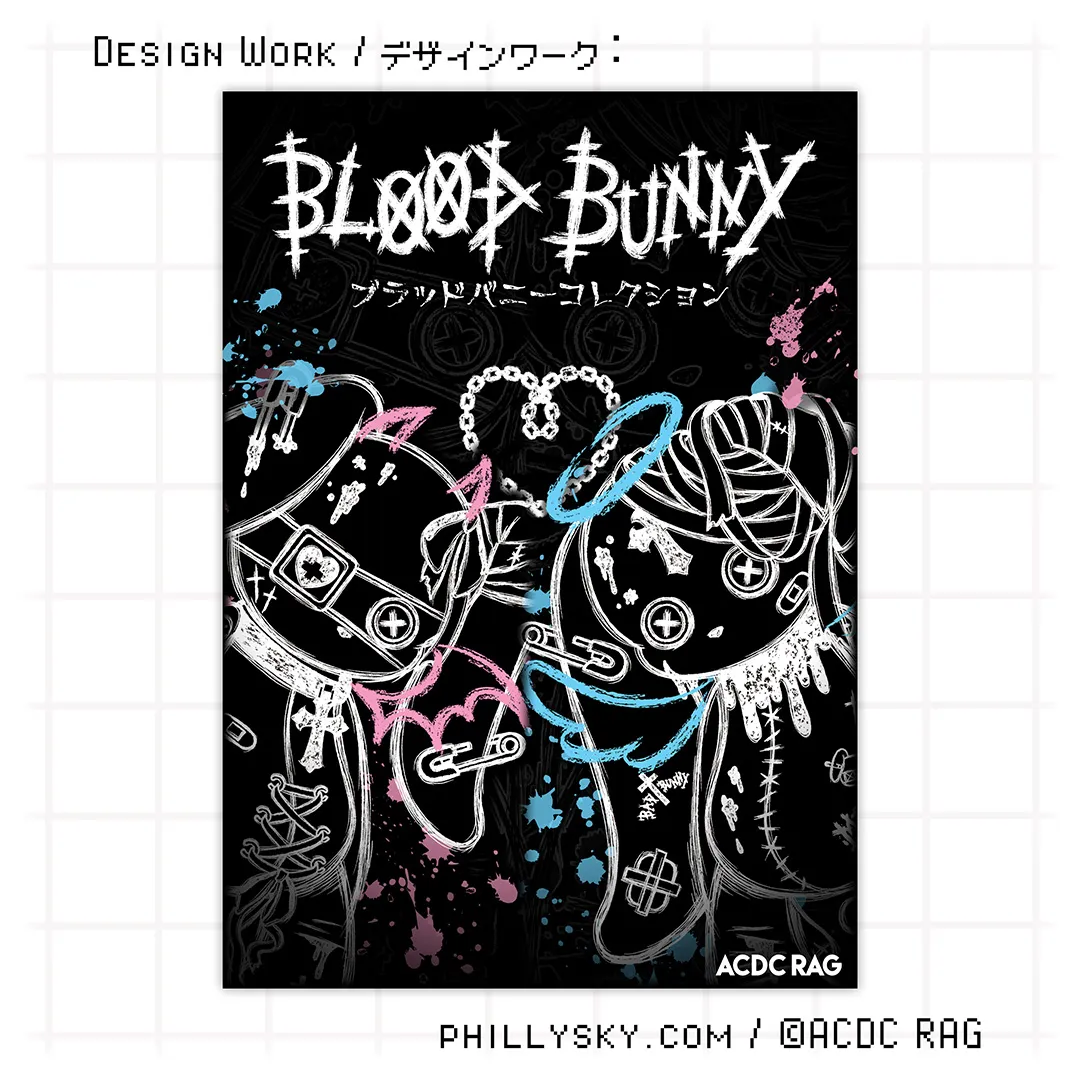 Harajuku fashion black poster with white sketch-style drawings of two stitched bunny dolls, one with devil horns and wings and the other with an angel halo and wings, splattered with blue and pink paint, titled Blood Bunny in stylized white text with Japanese characters underneath.