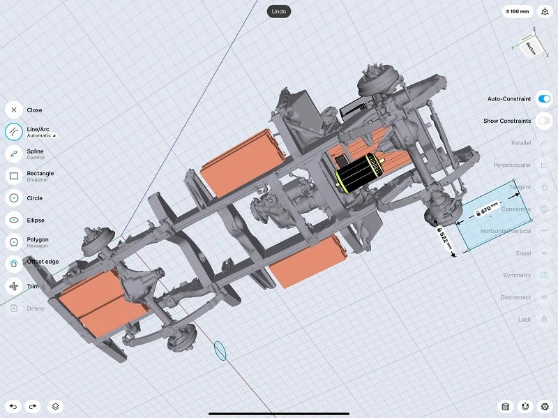 3D scanned model of a Land Rover chassis outfitted with electric batteries in Shapr3D