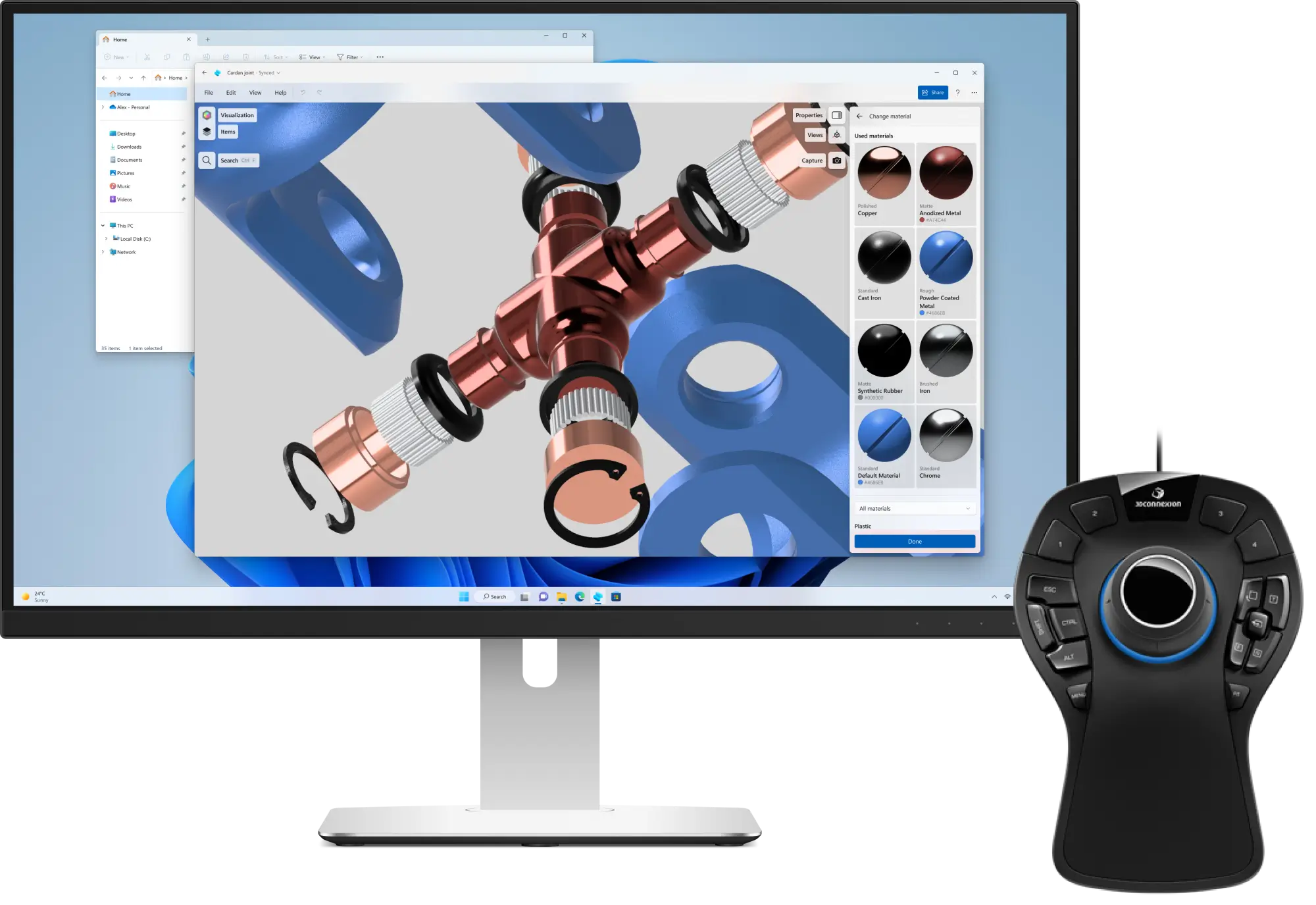 Shapr3D is open to a Visualized model on a desktop computer with a top-facing model of a Spacemouse in the foreground.