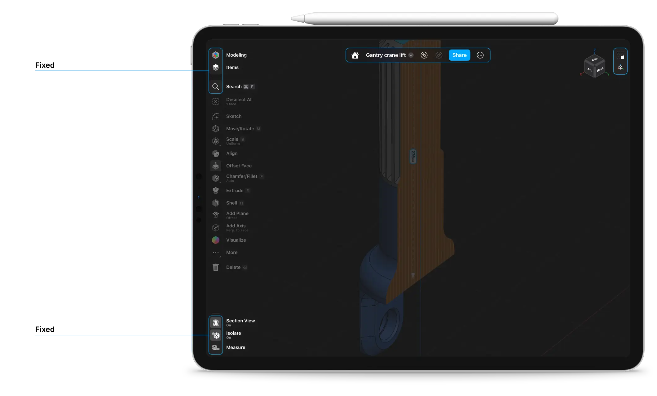 Fixed menu islands on the Shapr3D UI are encircled in blue boxes on an iPad.