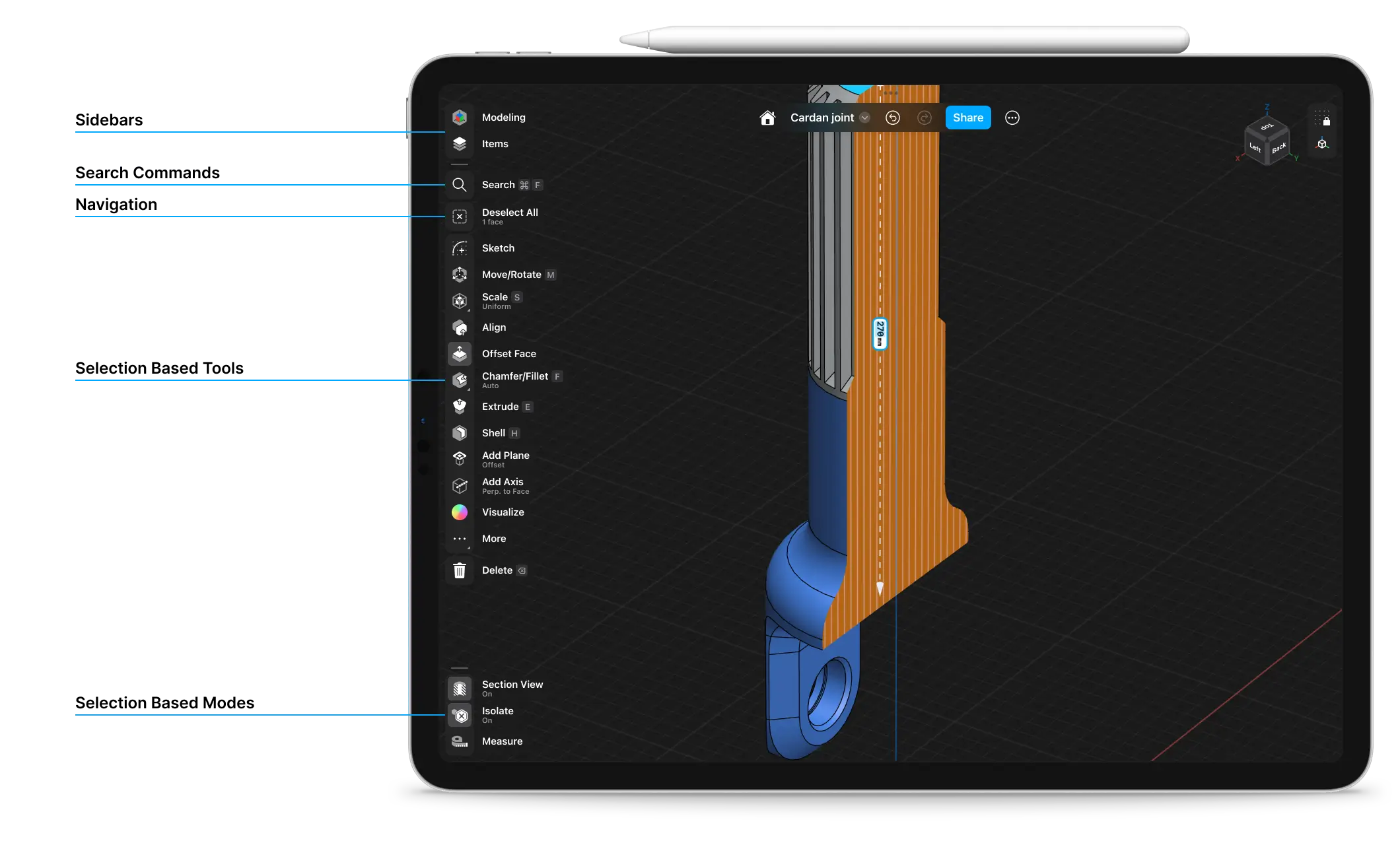 The different categories of tools in the Shapr3D UI are labeled next to an iPad. From top to bottom: Sidebars, Search Commands, Navigation, Selection Based Tools, Selection Based Modes.