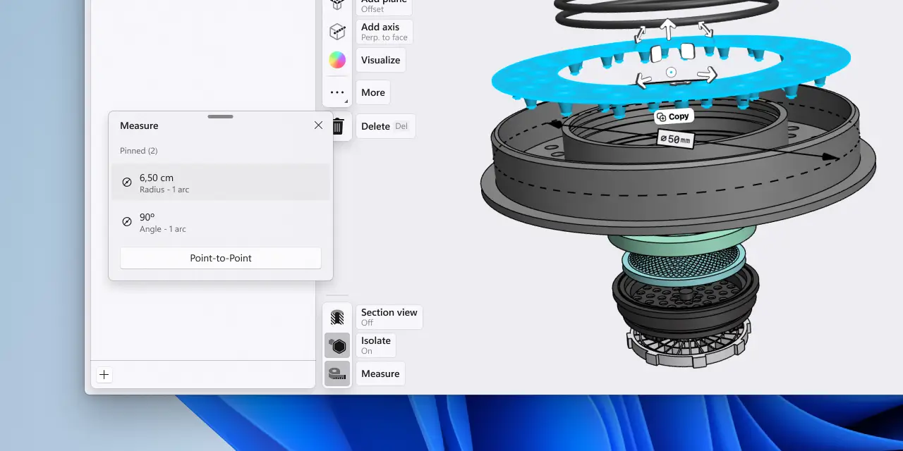 A zoomed-in view of Section view, Isolate, and Measure mode status is shown with Isolate on. An exploded view of a kitchen drain has the top ring highlighted for quick mode toggling.