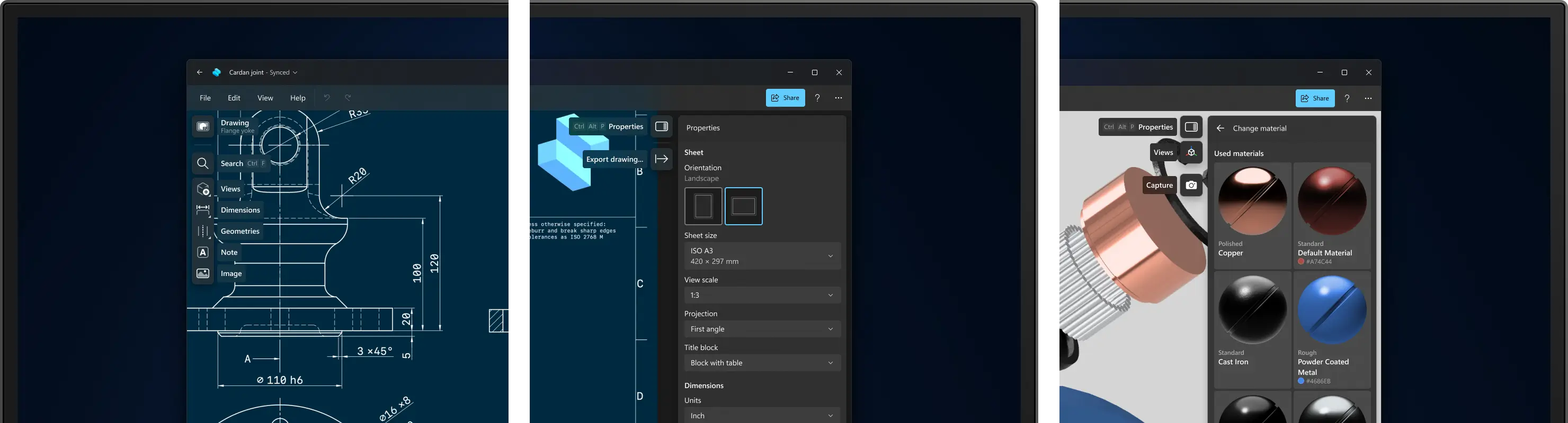 Filled-shape icons deliver higher contrast against a 2D Drawings environment, Export screen, and Visualization environment, respectively.