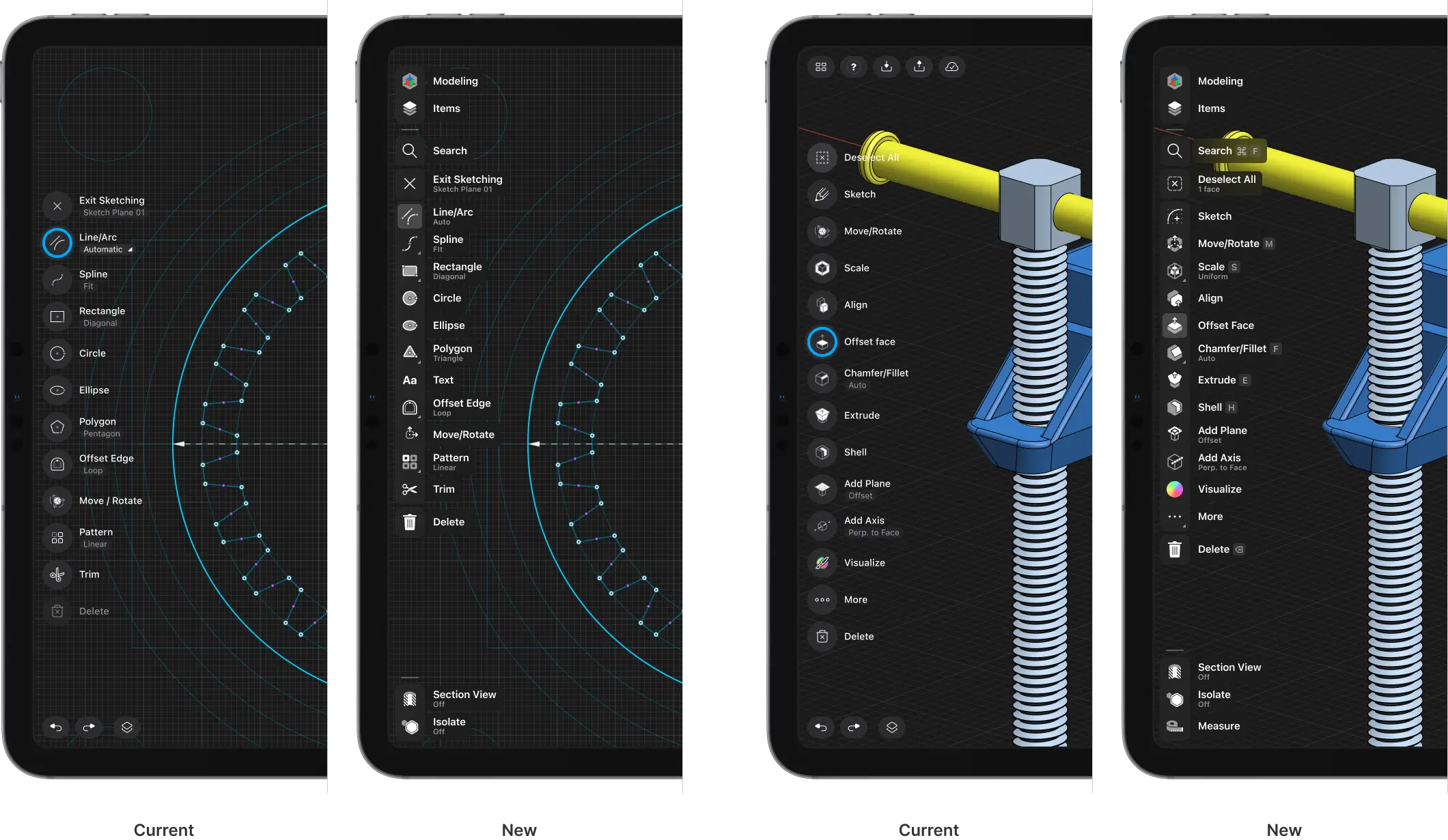 The current icon style is contrasted with the new icon style in four separate slides with the first set comparing Line/Arc tool selection and the second comparing Offset face tool selection. The filled-shape icons have a higher contrast against line-based environments.