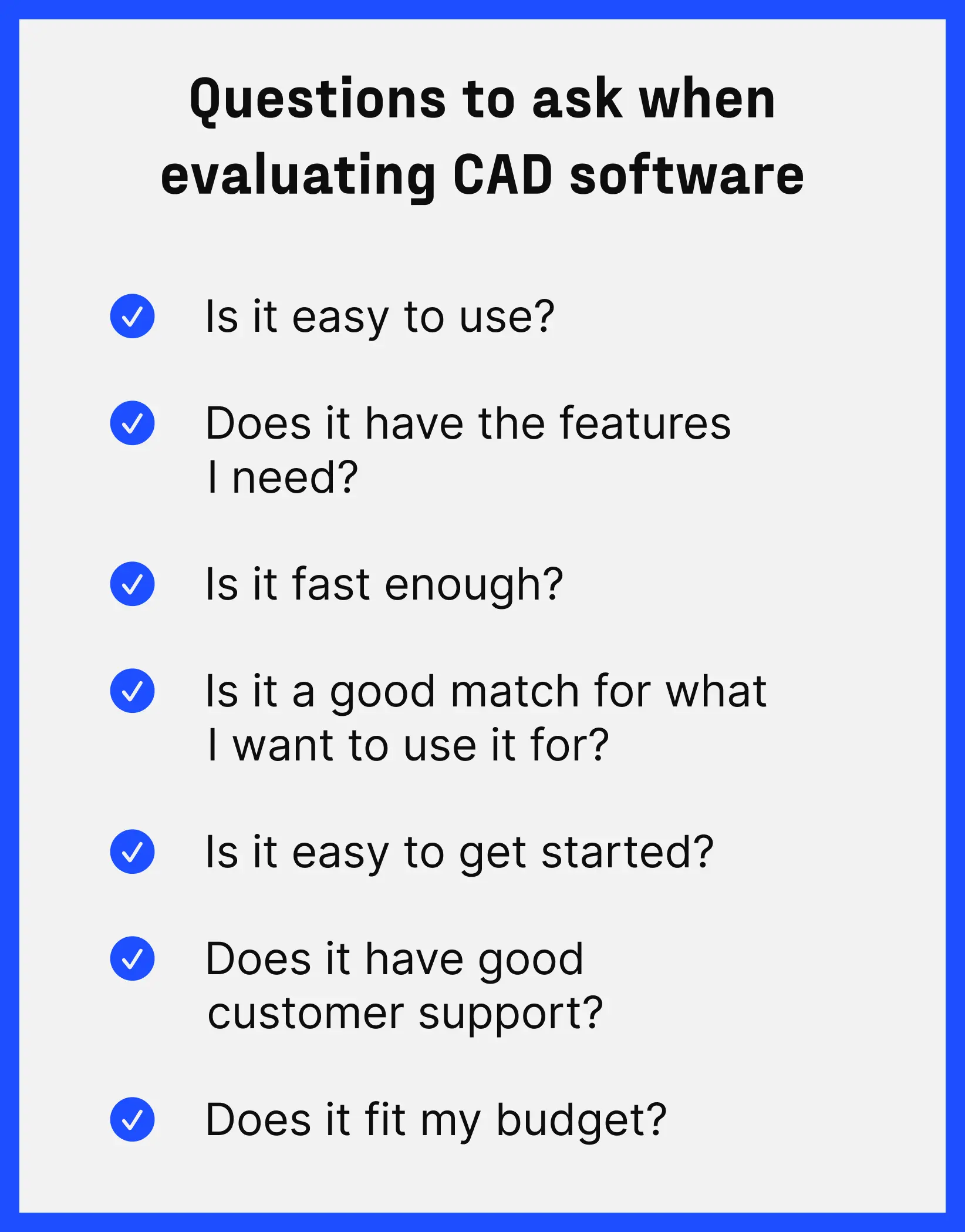 graphic highlighting questions to ask when considering beginner CAD software.