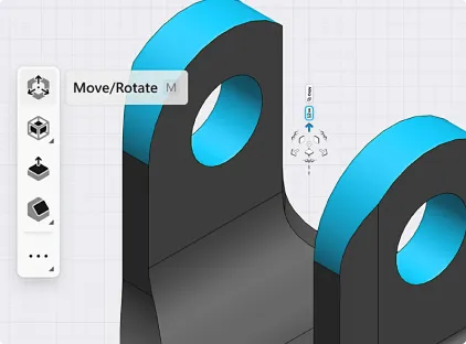 3D CAD model of a mechanical part with two vertical blue and black arms featuring holes, shown in a design software with move/rotate tool active.