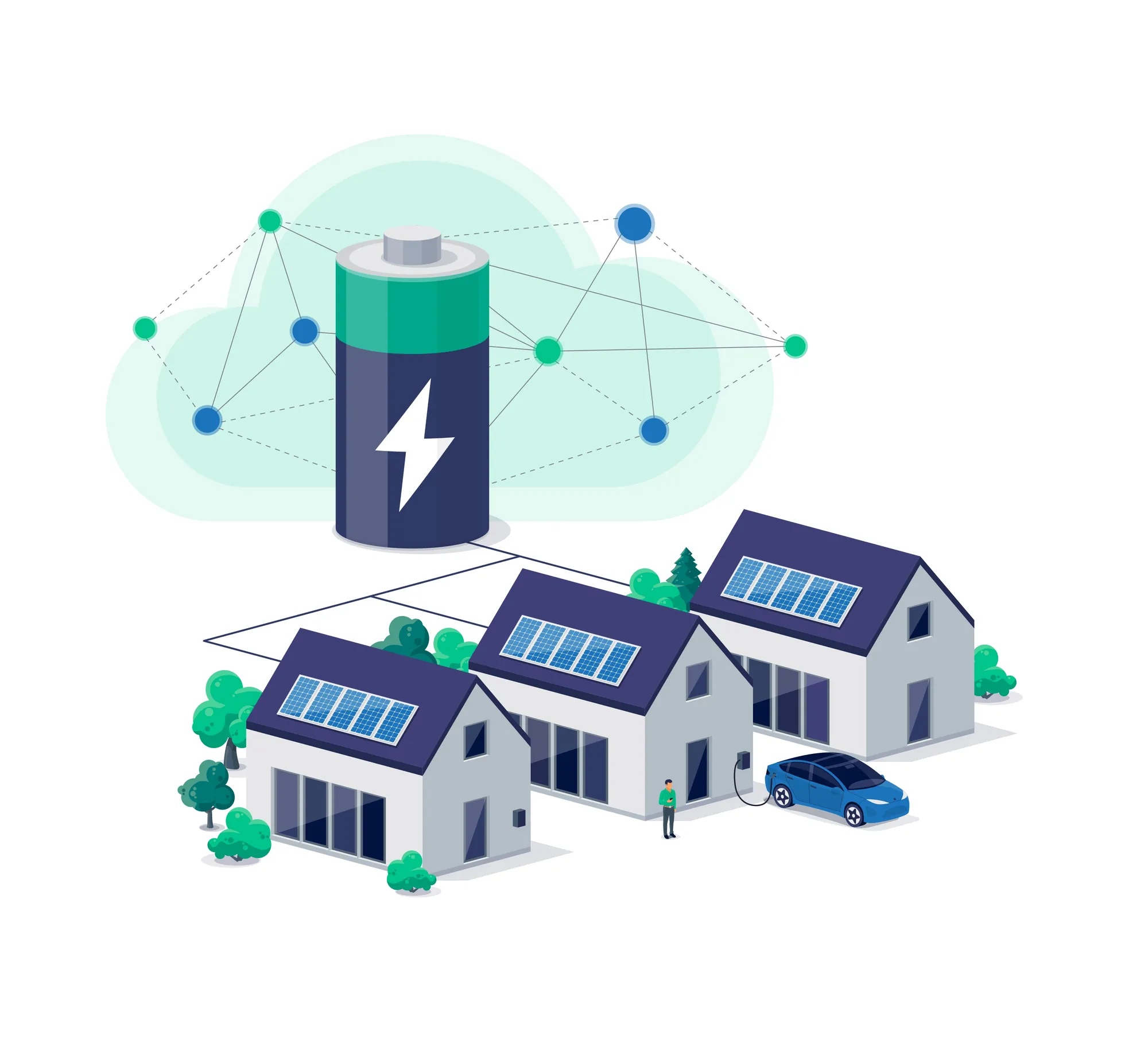 Il·lustració d'una comunitat energètica local: cases amb plaques solars, bateria compartida i xarxa connectada