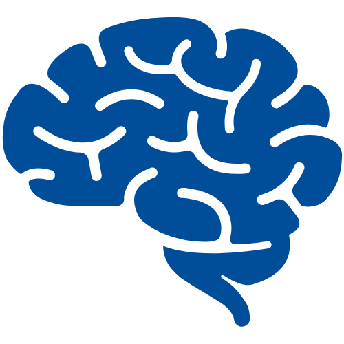 Icon of a blue brain with bold lines and shapes on a transparent background.