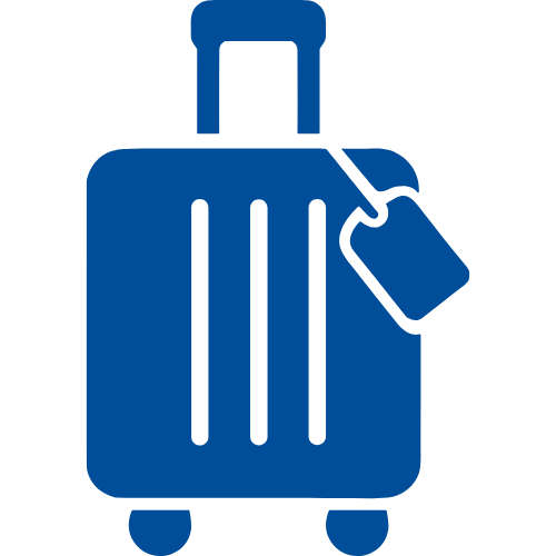 A blue suitcase with four wheels and an attached luggage tag.