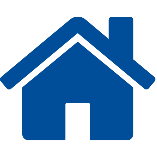 Icon depicting a simple blue house with a triangular roof and open door.