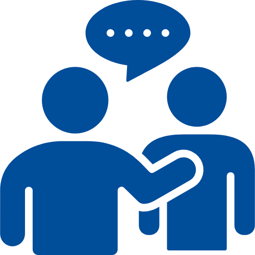 Two people depicted in blue icon style, one with a speech bubble, suggesting a conversation.