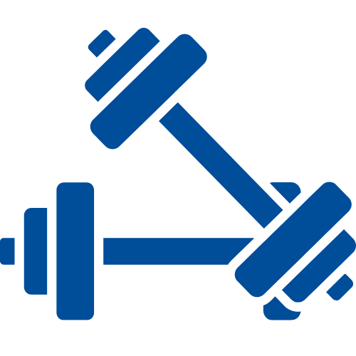 Two blue dumbbells crossed over each other against a plain background.