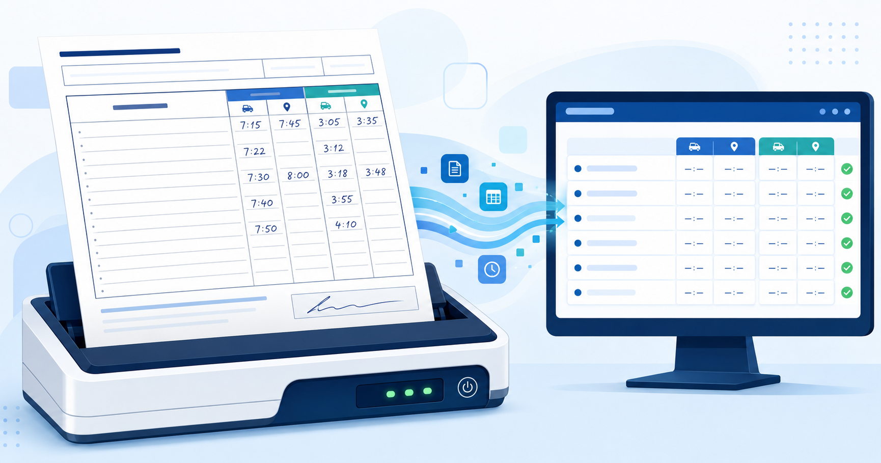 Illustration of attendance and transportation times being scanned into ElderSuite