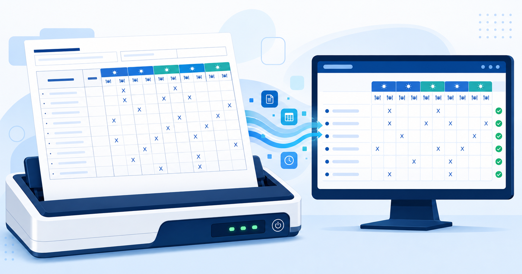 Illustration of daily meal records being scanned into ElderSuite