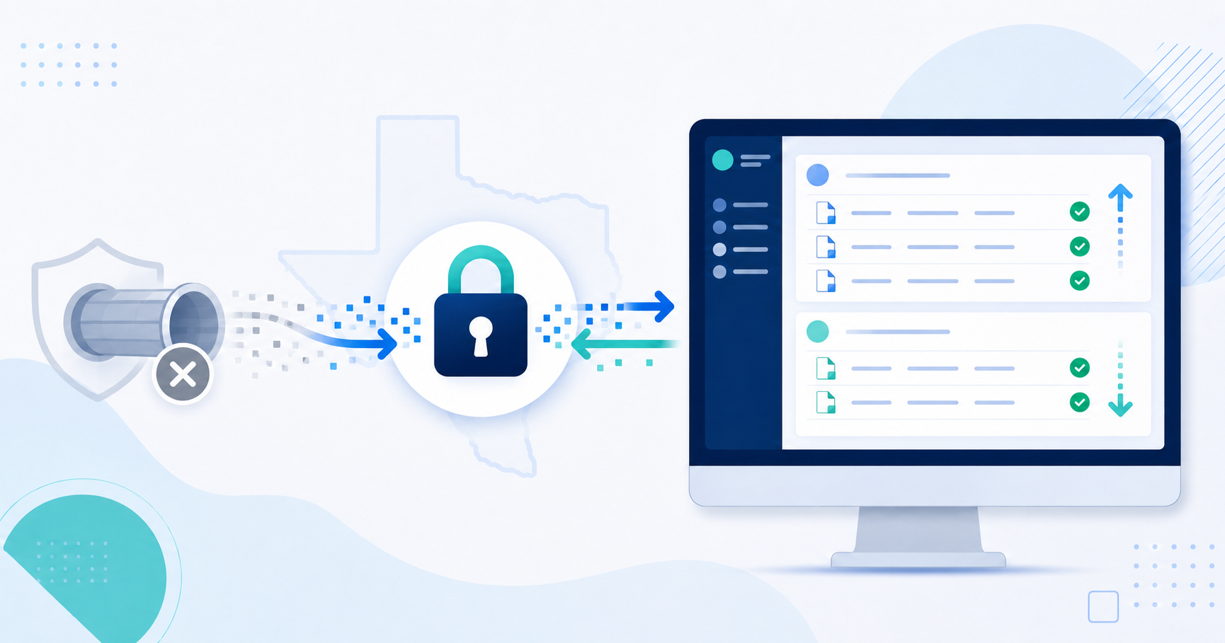 Illustration of ElderSuite connecting to TMHP for claim submission and report downloads without a VPN