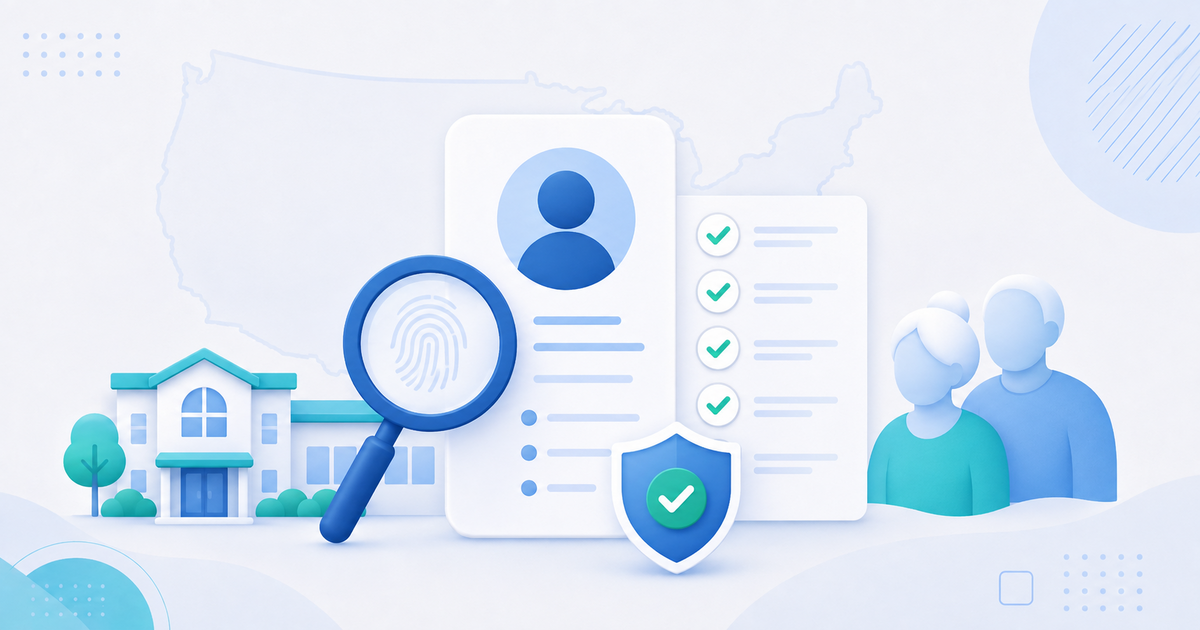 Illustration of an adult day care employee background check with a profile, checklist, magnifying glass, and security shield