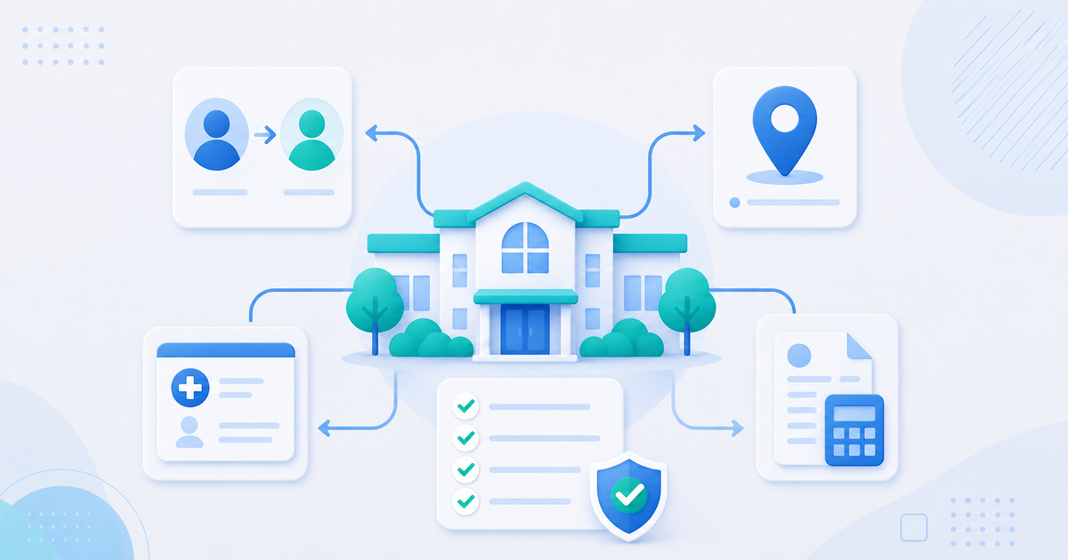 Illustration of an adult day care center coordinating ownership, address, NPI, and Tax ID updates