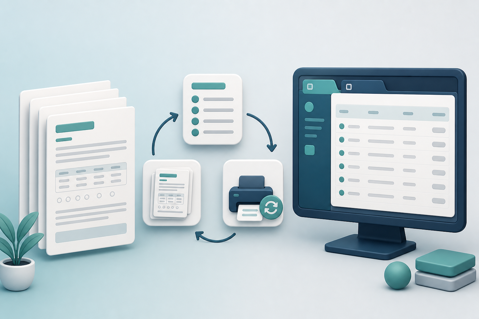 Illustration of a four-page monthly assessment, a monthly complete-and-print cycle, and a generic ElderSuite-style assessment list with no readable client data.