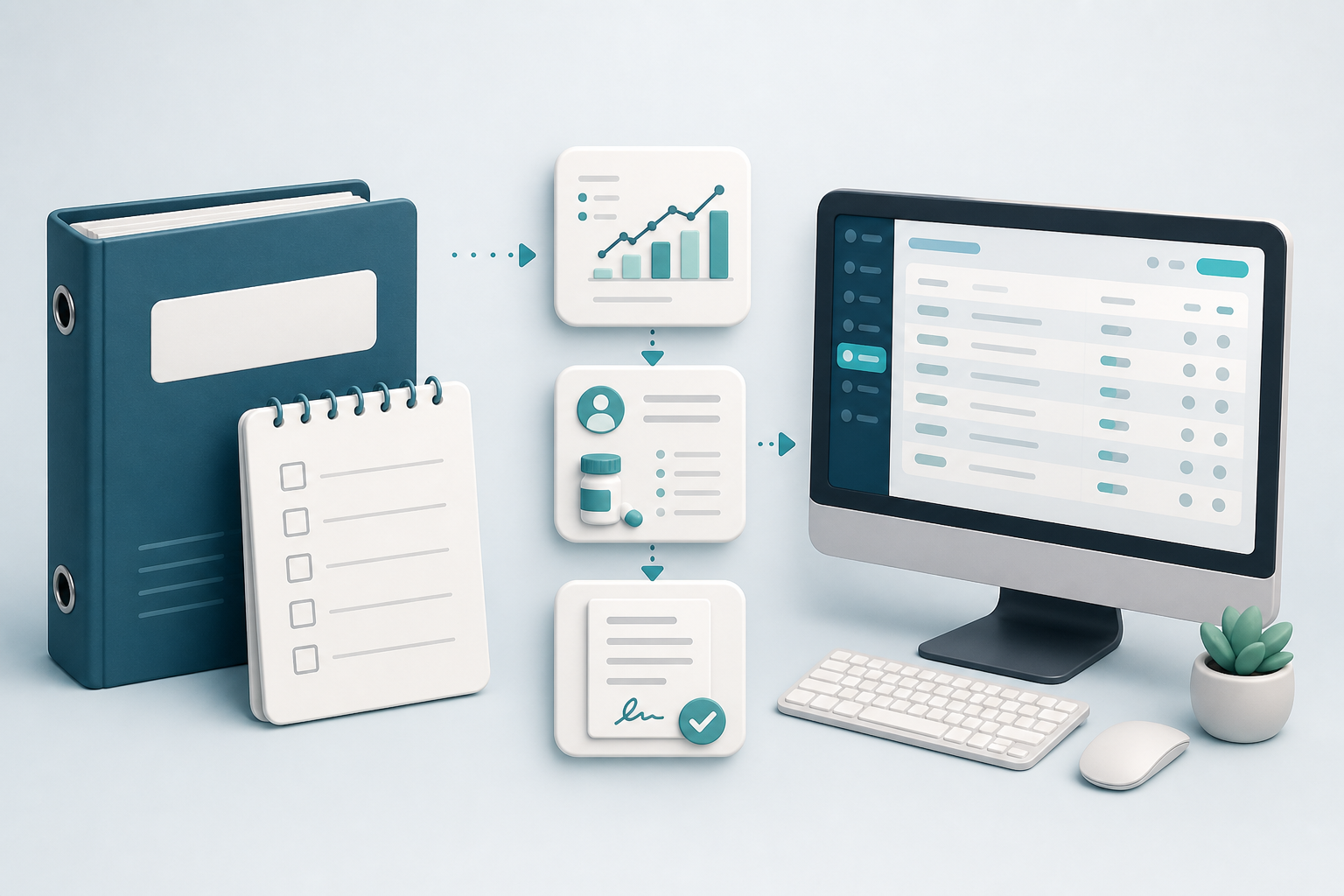 Illustration of a generic audit binder, a chart-review flow, and a generic ElderSuite-style clinical screen with no readable facility or client data.