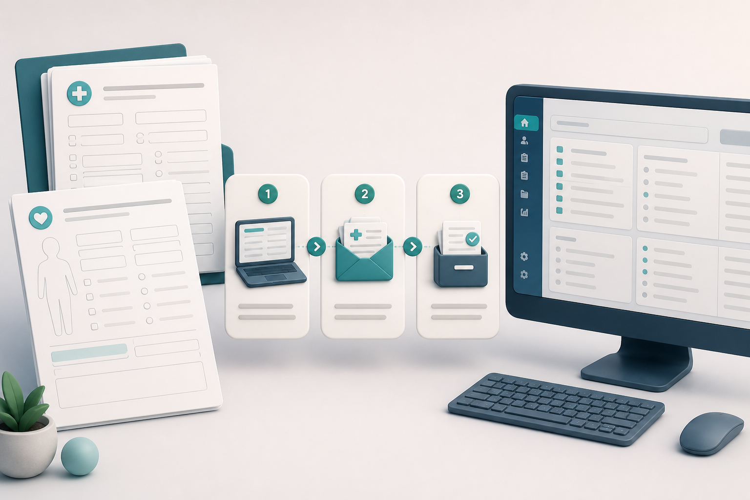 Illustration of a blank physician-order packet, a send-and-file flow, and a generic ElderSuite-style order screen with no readable names or credentials.