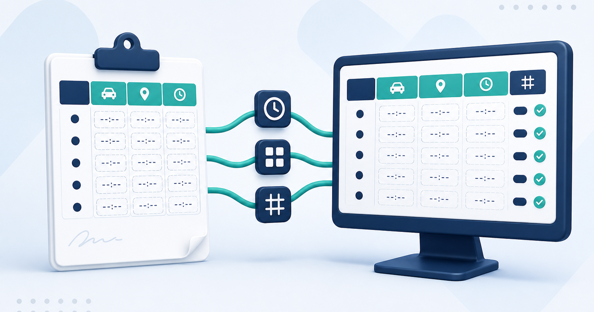 Soft-UI illustration of a generic daily transportation sheet on the left, a times-to-units flow in the middle, and a generic ElderSuite-style attendance grid on the right. No readable client data.
