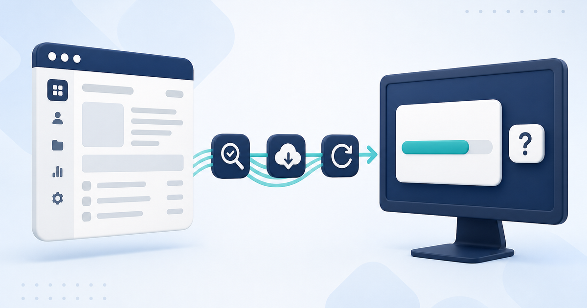 Soft-UI illustration of a generic desktop window on the left, a check-and-download flow in the middle, and a generic progress bar on the right. No version numbers or account names.
