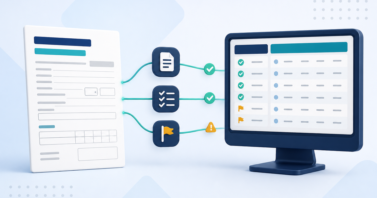 Soft-UI illustration of a generic claim form on the left, a check-and-flag flow in the middle, and a generic ElderSuite-style claims grid on the right. No readable client or claim data.