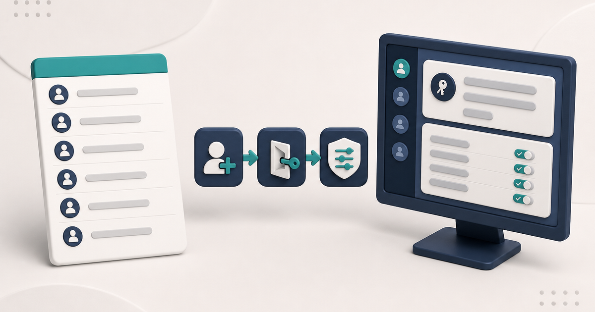 Illustration of a generic staff roster, a login-and-permissions flow, and a generic ElderSuite-style employee record with no readable names or credentials.