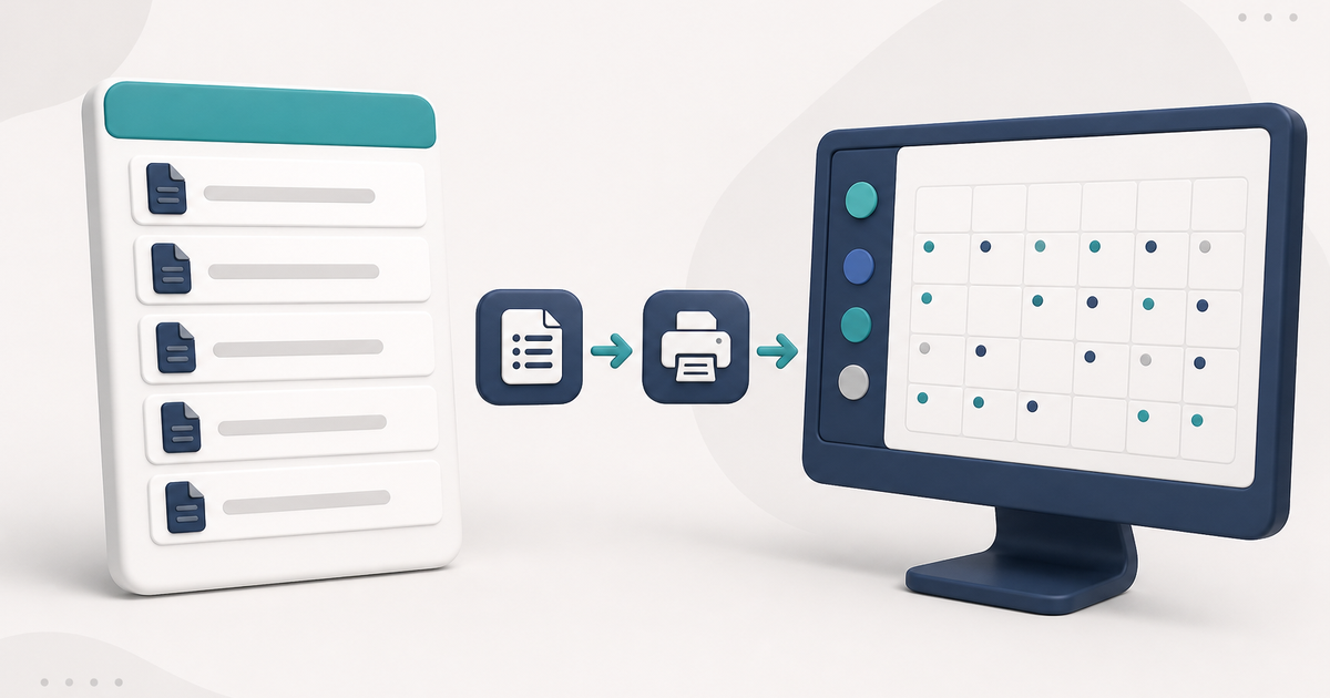 Illustration of a generic Report Center list, a short print flow, and a generic monthly calendar report with no readable client data.