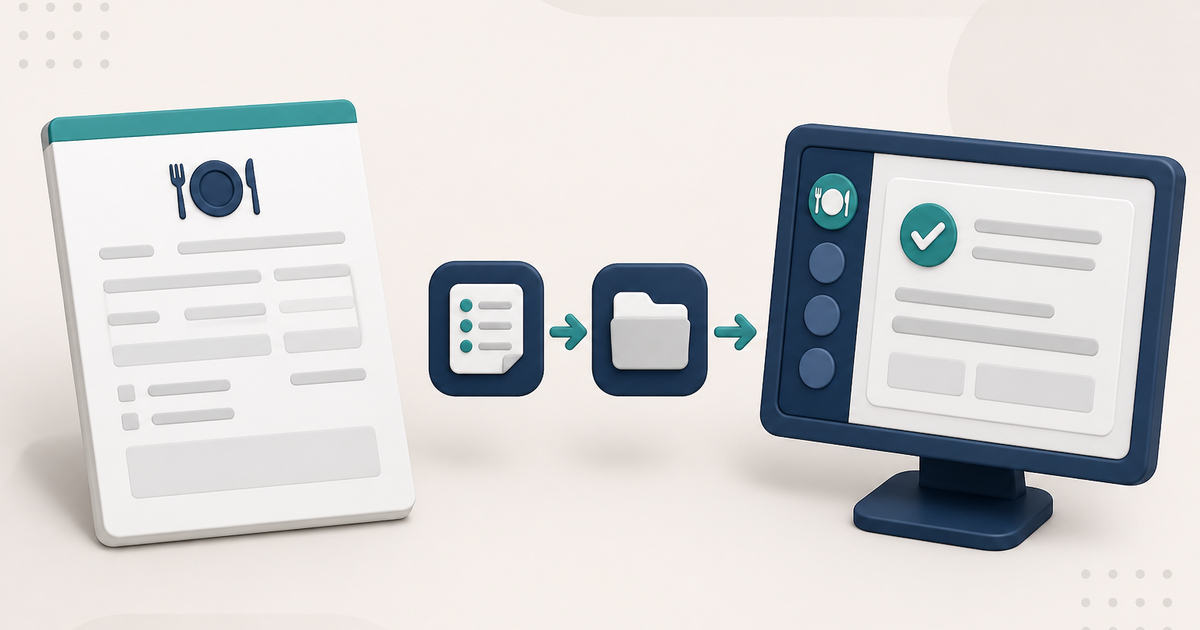 Illustration of a generic meal-benefit form, a file-to-record flow, and a generic ElderSuite-style Nutrition Center screen with no readable client data.
