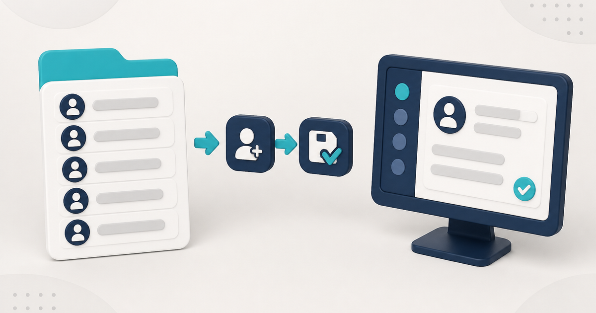 Illustration of a generic client roster, a short add-and-save flow, and a generic ElderSuite-style client record with no readable names.