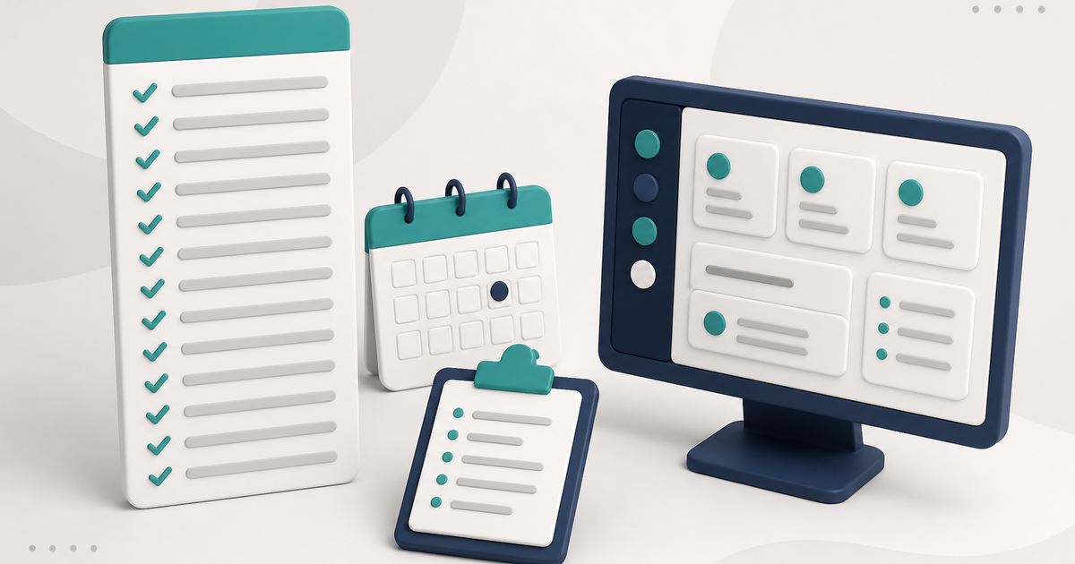 Illustration of a generic 15-item software comparison checklist beside a simple adult day care operations desk, with no readable names.