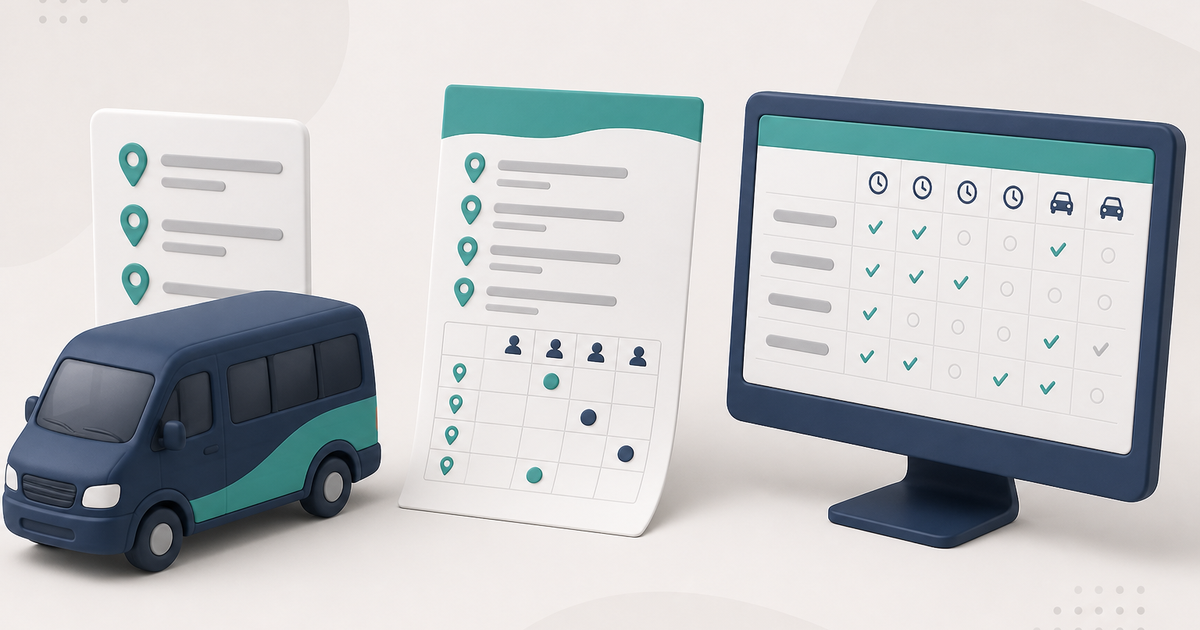 Illustration of a generic adult day care van route list, a printed route sheet, and a daily attendance grid with pick-up and drop-off times, with no readable names.