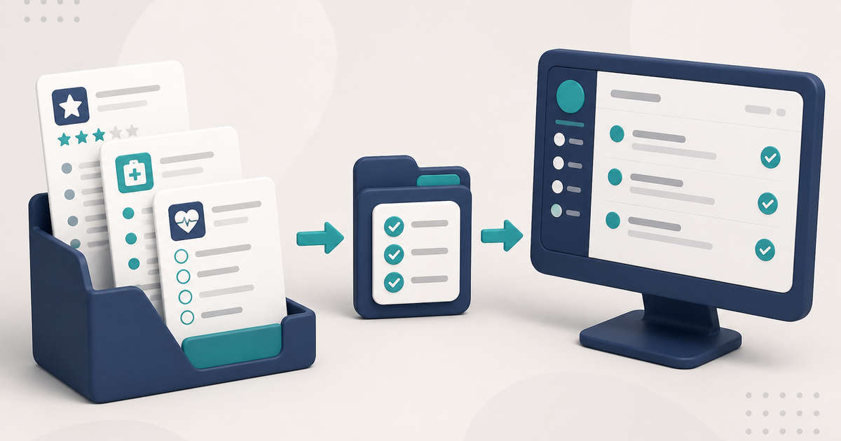 Illustration of generic activity, nursing, and health assessment printouts stacked in an organized client file, with no readable names.