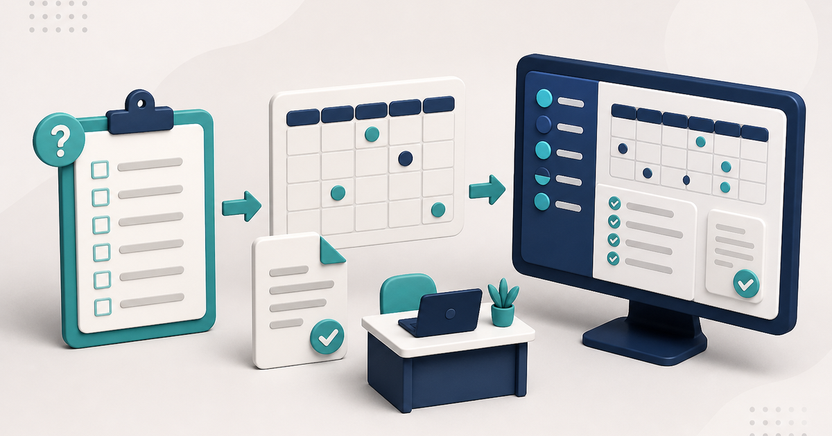 Illustration of a generic vendor-question list beside an attendance and claims desk, with no readable names.