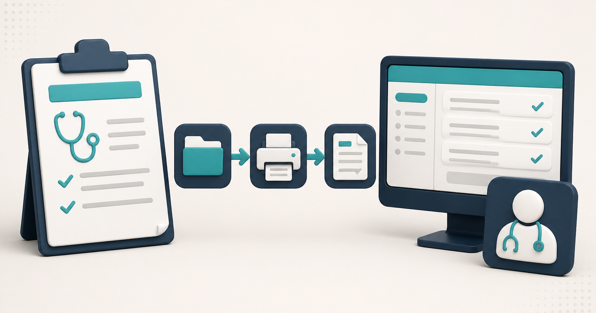 Illustration of a generic physician-order record, a clinical symbol, a client chart, and a printed form with no readable personal or medical information.